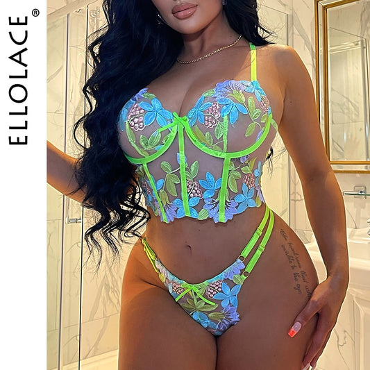 Ellolace Luxus-Dessous Sexy Blumenstickerei-Set Bügel-BH-Tangas Exotische Intim-Unterwäsche in Neongrün