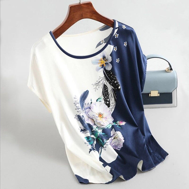 Fashion Floral Print Bluse Pullover Damen Silk Satin Blusen Plus Größe Batwing Hülse Vintage Print Casual Kurzarm Tops tif-shop24.de