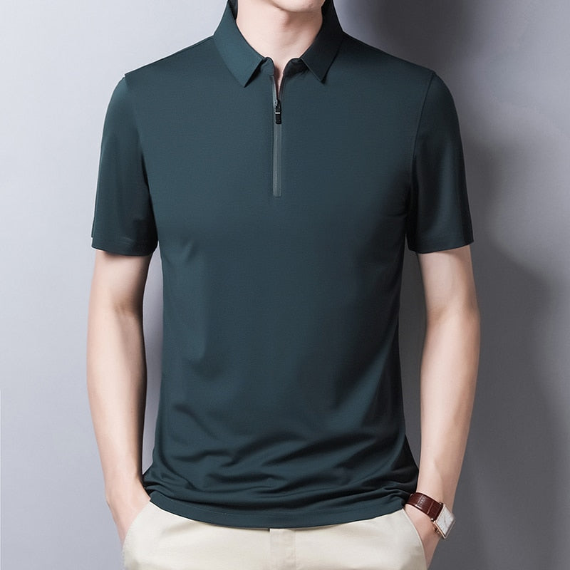New Classic Solid Color Polo-Shirt Männer Seide Baumwolle Sommer Kurzarm T-Shirts Homme Slim Fit Casual Zipper Camisa Polo T1014 tif-shop24.de