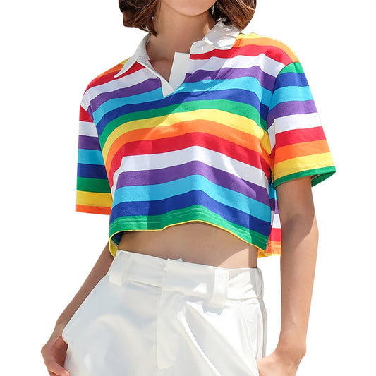 Mode Frauen Turn-down Kragen Kurzarm Regenbogen gestreift Print kurze Ernte oben Quadrat Hals Mode Stickerei  Weste tif-shop24.de