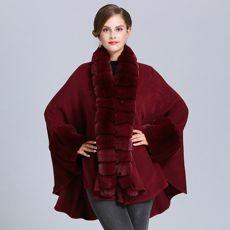 Kunstfuchspelz Kntting Capes Big Cloak Poncho Winter Warm  Outwear Furry Poncho Capes tif-shop24.de
