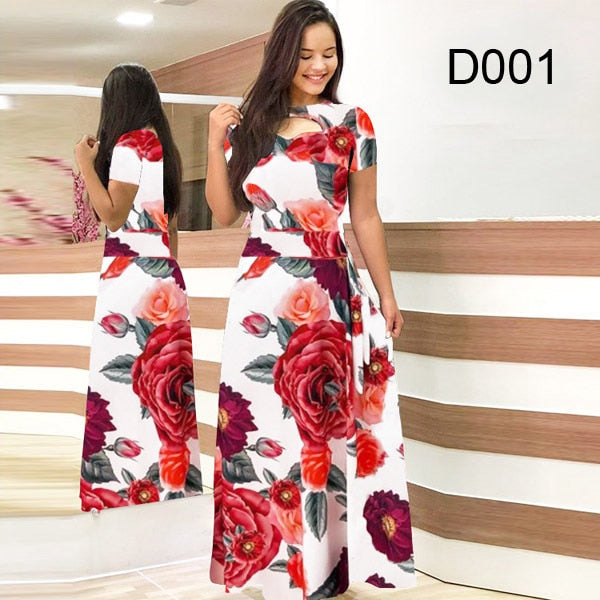 Kurzarm Aushöhlen O-ansatz Lange Kleid Sommer Elegante Blumen Gedruckt Hohe Taille Elastische Elegante Boho Robe Maxi Vestidos tif-shop24.de