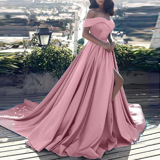 Formal Dress Off Shoulder High Slit Floor Length Prom Long Dress Sexy Split-end Temperament Elegant
