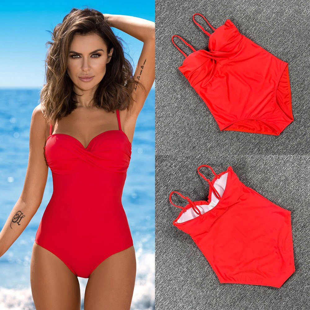 Neu eingetroffen 2021 Sommer Frauen Einteiliger Badeanzug Push Up Bügel-Badebekleidung Rot Einfarbiger Badeanzug Plus Size XXL Beachwear tif-shop24.de