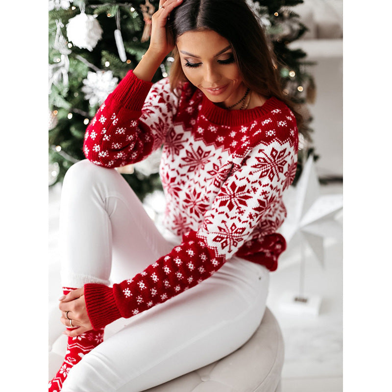 Christmas Snowflake Long Sleeve Knit Sweater - Perfect for Layering