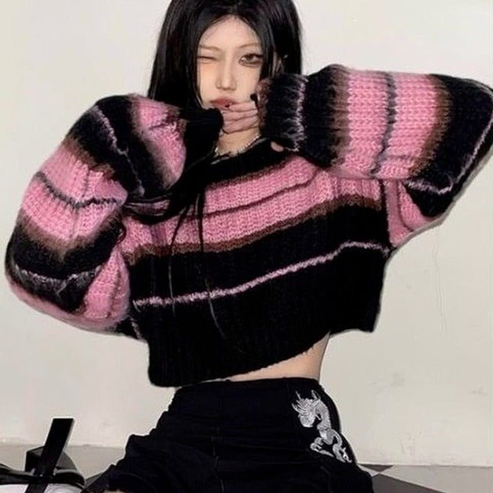 Goth Black Pink Striped Cropped Sweater