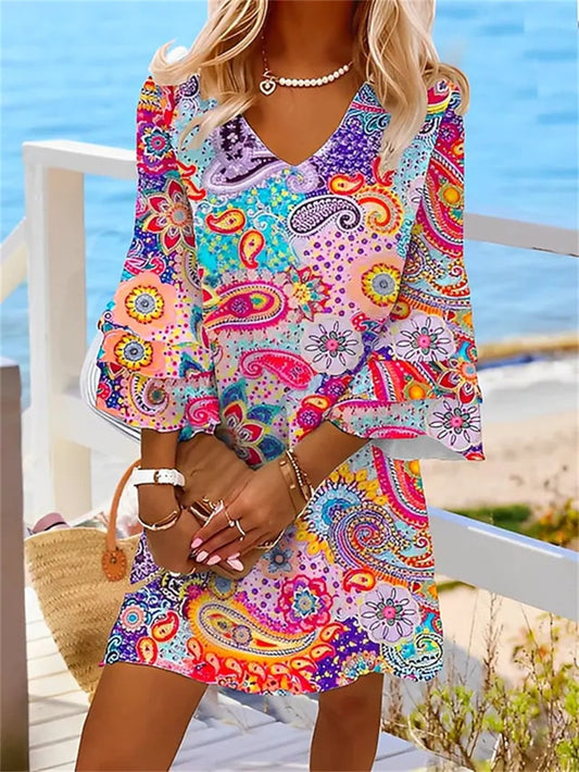 2023 Fashion Colorful Print Ruffle V-neck Half Sleeve Casual Beachwear Short Skirt Straight