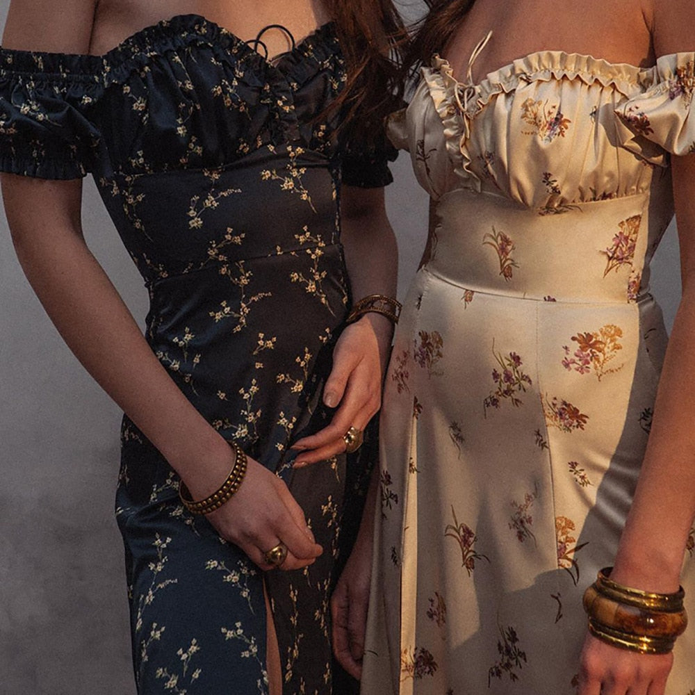 Floral Puff Sleeve Long Dress Off Shoulder Drawstring Maxi Dresses for Prom Pleated Vintage Sexy Elegant Split