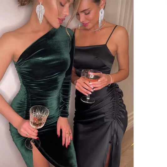 New Solid Long Sleeve One Shoulder Ruched Slit Velvet Midi Dress Sexy Party Club Elegant Bodycon