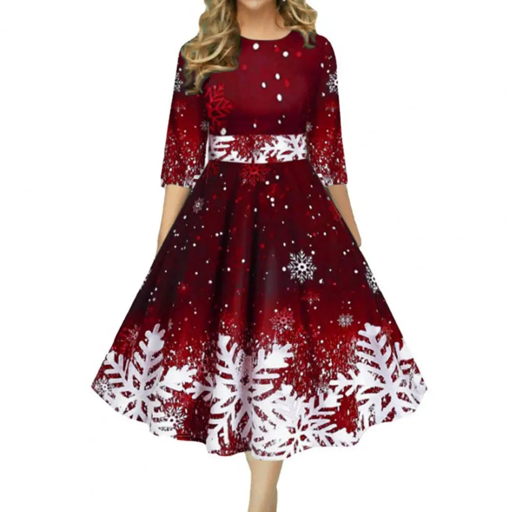 Stylish Christmas Dress  O-Neck Stretchy Gown Dress  Snowflake Print A-Line Gown Dress