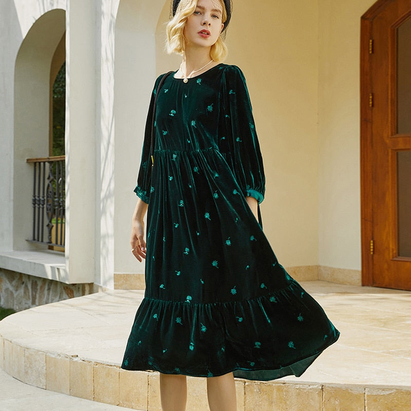 Samtkleid Neue High-End Luxus Temperament Mode Langarm Oansatz Kleid
