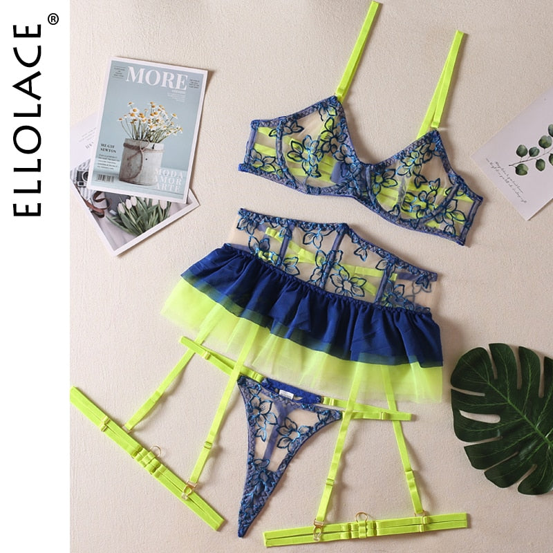 Ellolace Ruffle Neon Lingerie Lace Super Fine Fancy Delicate Intime Luxury Strumpfband 5-teiliges Outfit