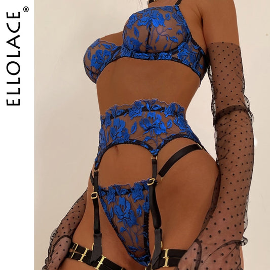 Ellolace Cobalt Fancy Dessous Sexy Unterwäsche Blumenstickerei Transparenter BH Sinnliche Exotische Spitzensets