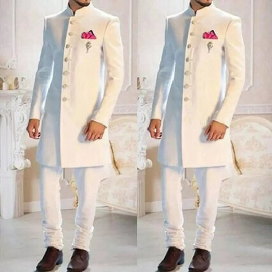 Modedesign Weiß Stehkragen Einreiher Smoking Bräutigam Lange Anzug Hochzeit Formal Slim Fit
