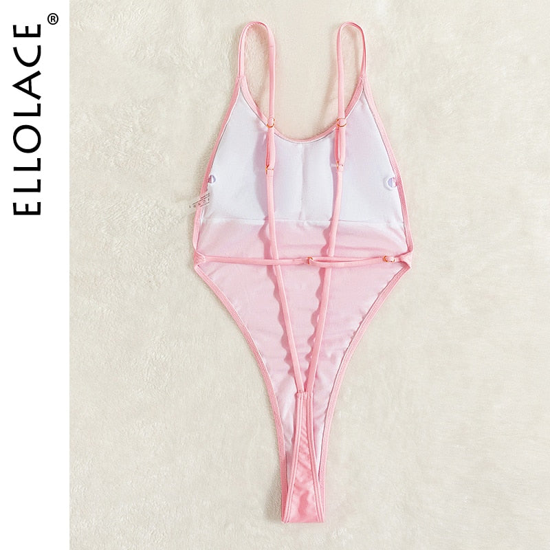 Ellolace Backless Thongs Swimsuit Sexy One Piece Monokini Brazilian Bathing Suit High Leg Bikinis Beachwear Light Pink Body