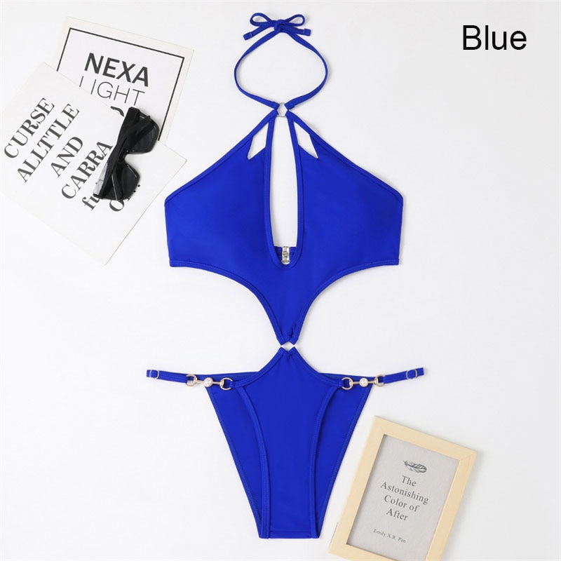 Summer Swimsuit Sling Beach Solid Color Sexy Backless One Piece Swimsuit Running Sports Thin Section Bikini
