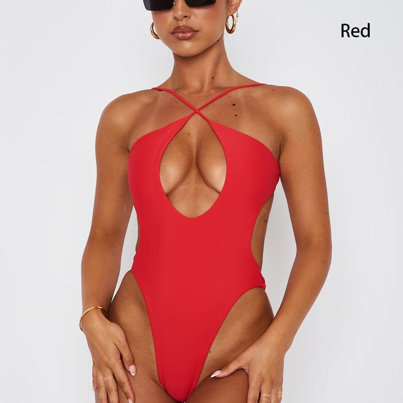 Summer Swimsuit Sling Beach Solid Color Sexy Backless One Piece Swimsuit Running Sports Thin Section Bikini