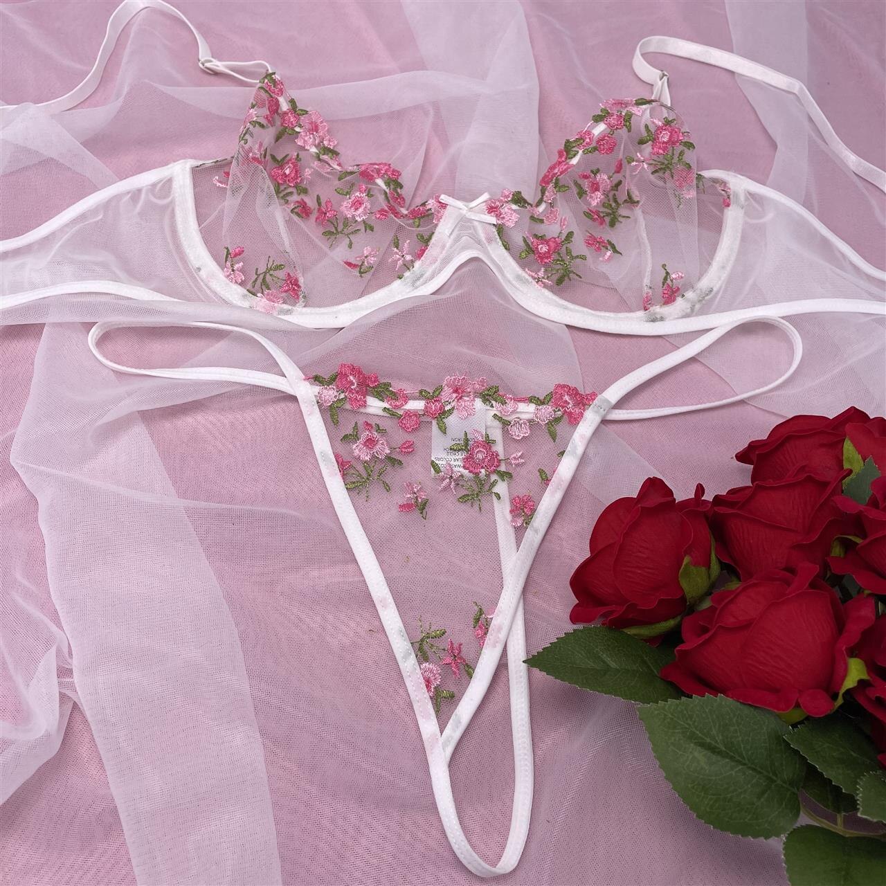 Embroidery Erotic Lingerie Set Sexy Underwear Floral Lace Transparent Sexy Bra Ladies Bralette  Underwear Set