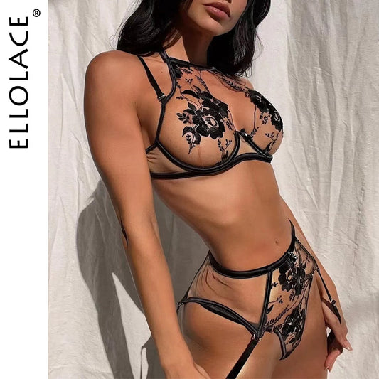 Ellolace Lingeries Lace Underwear Sensual Erotic Sets Embroidery Transparent
