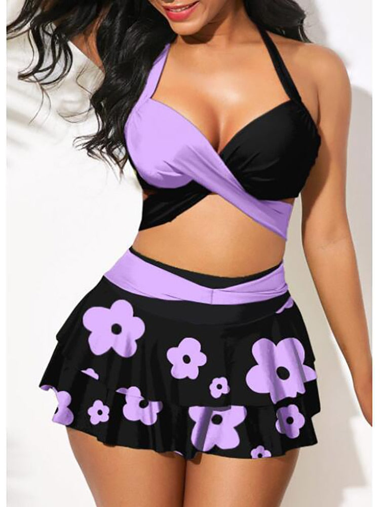 2023 New Swimsuit Summer Push Up 2 Piece Bikini Set High Waist Sports Swimwear With Cover Up Skirt Bathing Suit