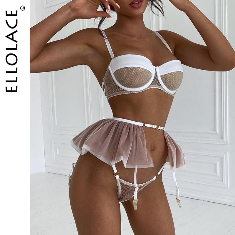 Ellolace Sexy Dessous Mesh Patchwork Fancy Unterwäsche Rüschen Strumpfbänder Zartes Luxus