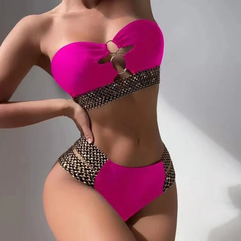 2023 Bikini Sexy Swimsuit Female High Waist 2 Piece Swimwear Solid Swimming Bandeau Bathing Suit Beachwear Biquini