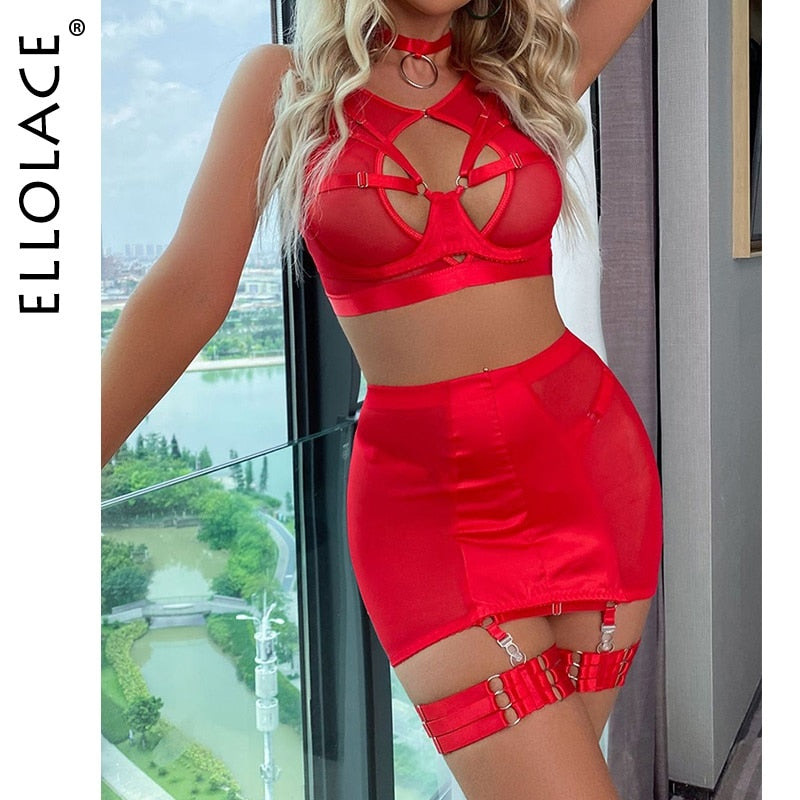 Ellolace Rote Dessous 5-Tilige Unterwäsche Sexy Unzensiert Transparenter BH