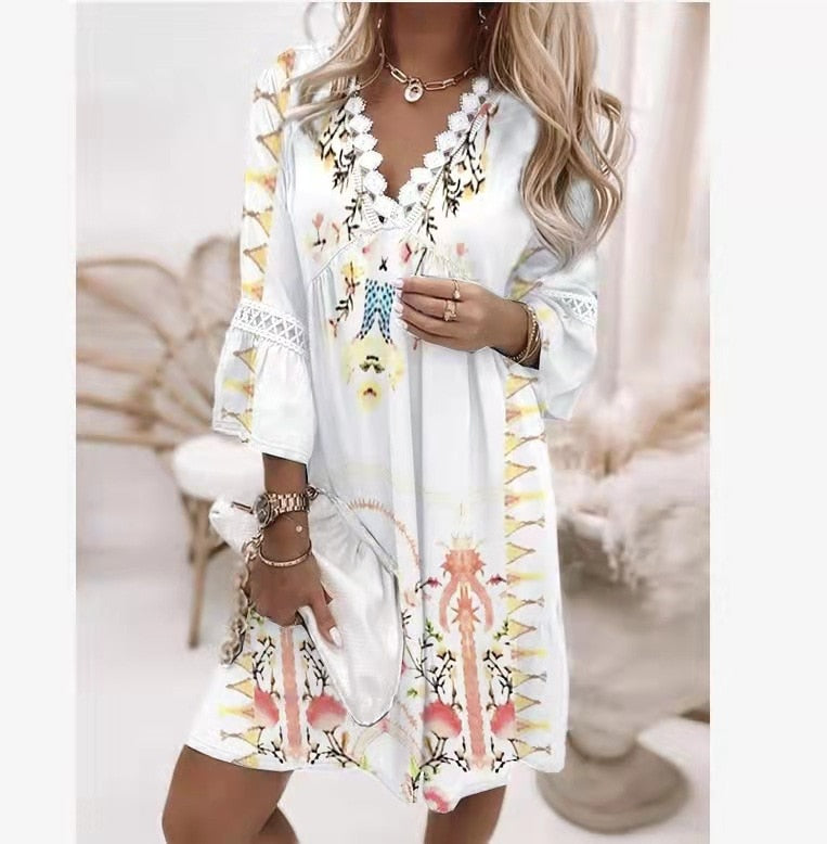 2023 Spring Oversize Print A-line Elegant Pleated Long Sleeve Casual Beach Clothes
