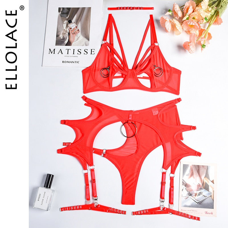 Ellolace Sexy Dessous  BH Slip-Sets  4-teilig Unterwäsche Strumpfbänder