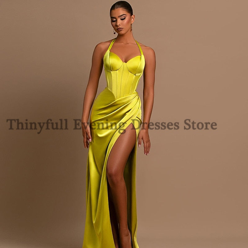 Thinyfull Sexy Prom Evening Dresses Halter Neck Party Prom Dress High Split Floor Length Mermaid Cocktail