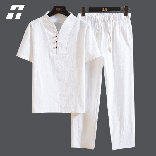 Sommer Leinen Baumwolle T-Shirt Set Chinesischen Stil Kurzarm Solide Anzug tif-shop24.de