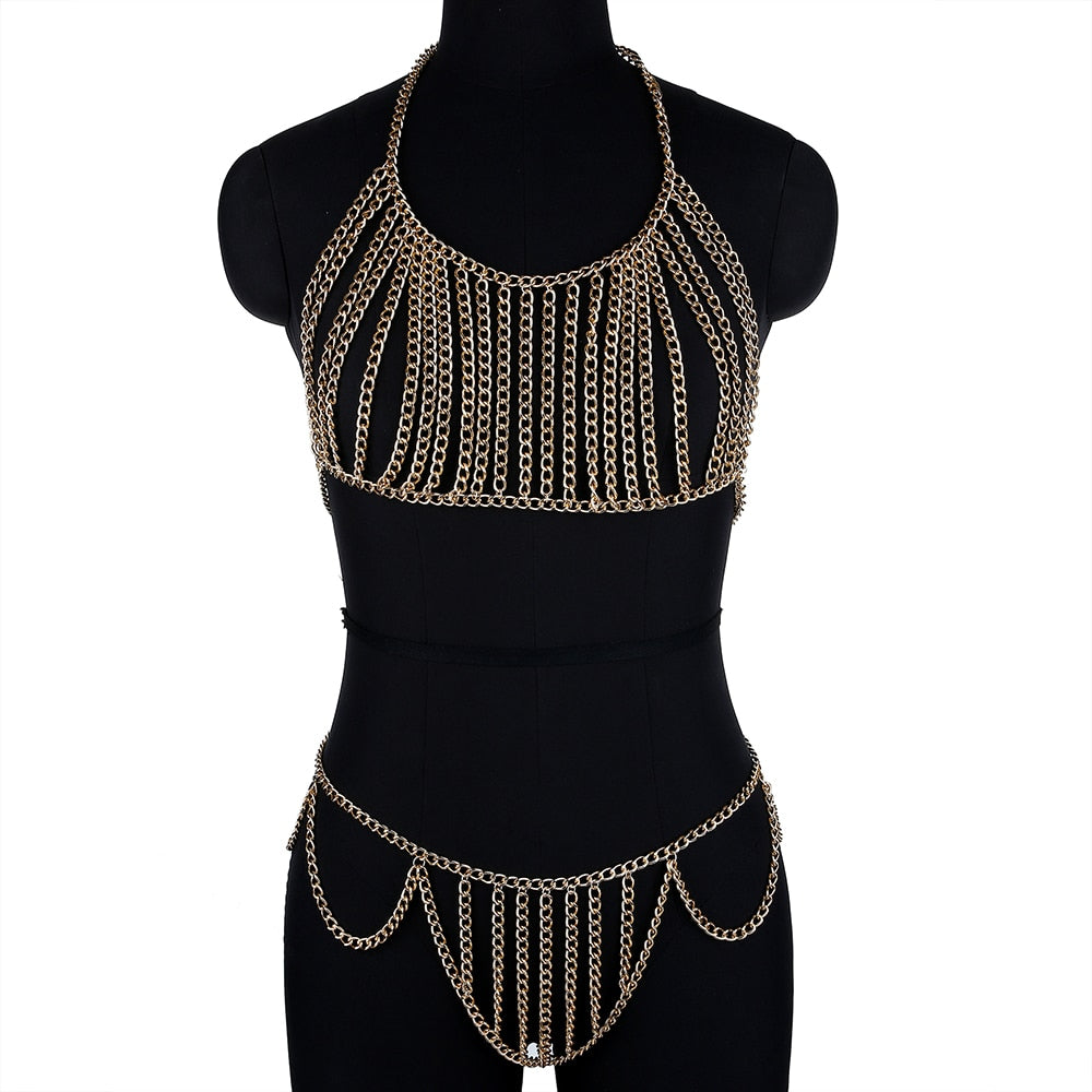 Sexy Metal Body Chain Dress For Fashion Bling Nightclub Backless Adjustable Body Chains Bra Festival Clothing Jewelry