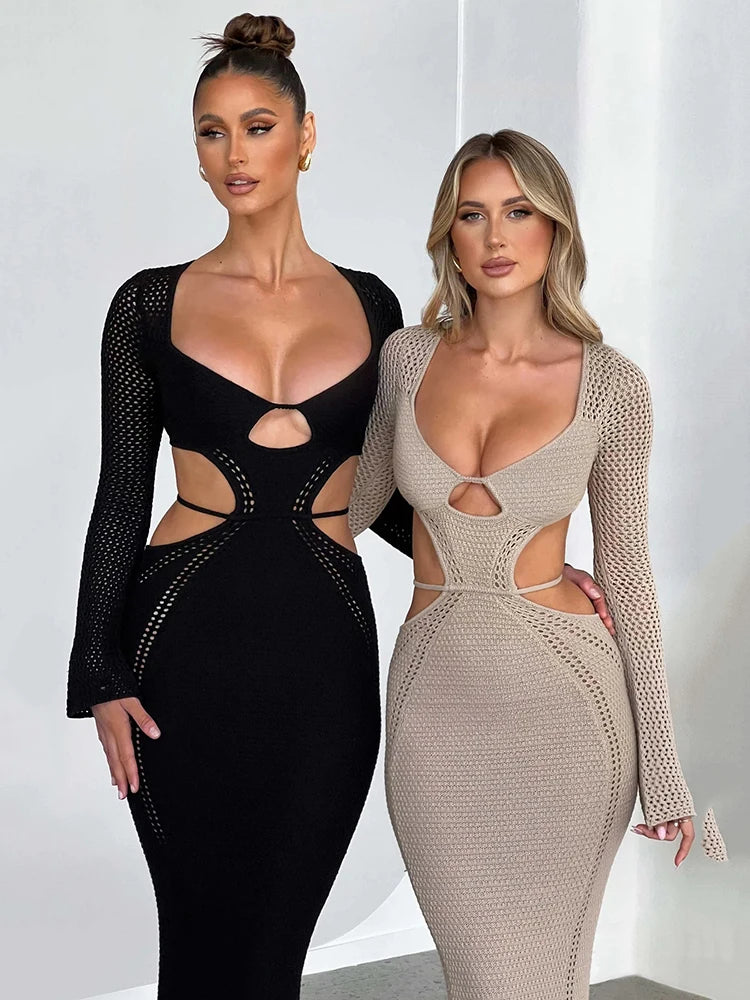 Knitted Long Sleeve Hollow Out Dress Bodycon Sexy And Elegant Female Vesidos Party Club Evening Dress
