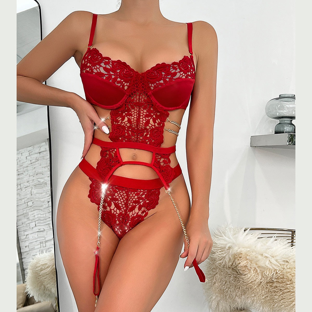 Ellolace Sinnliche Dessous mit Kette, Sexy Spitze Durchsichtig Slip Erotik-Set 2 Teilig