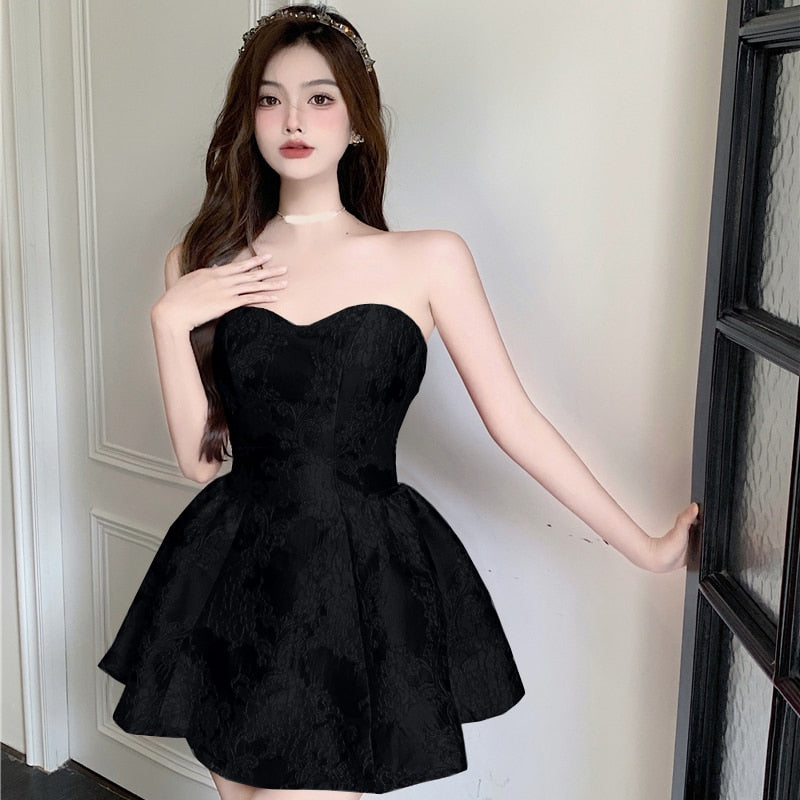 Black Floral Vintage Strapless Mini Dress