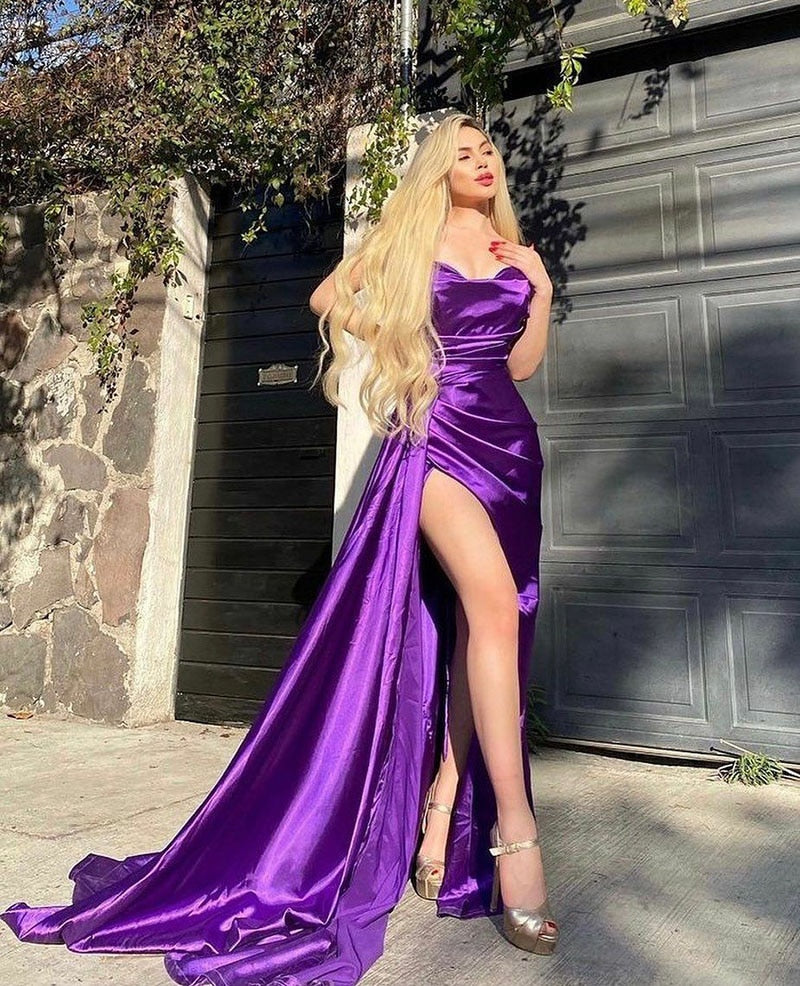 Vinca Sunny Sexy Purple Sweetheart Neck Mermaid Satin Long Prom Side Slit Evening Gowns Formal Party Custom Made