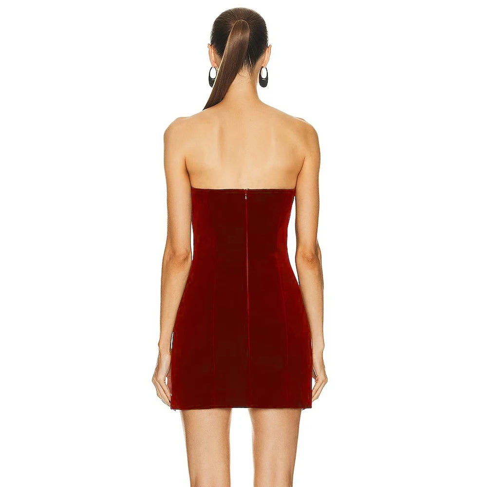 New Sexy Strapless Hollow Diamond Heart Luxury Wine Red Tight Mini Dress Elegant Evening Party Dress