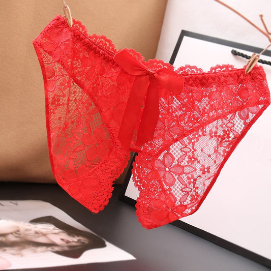 Exotic Sexy Lace Open Crotch Panties Mesh Perspective Underwear Ladies Lace Bow Thong Crotchless Briefs Erotic Lingerie
