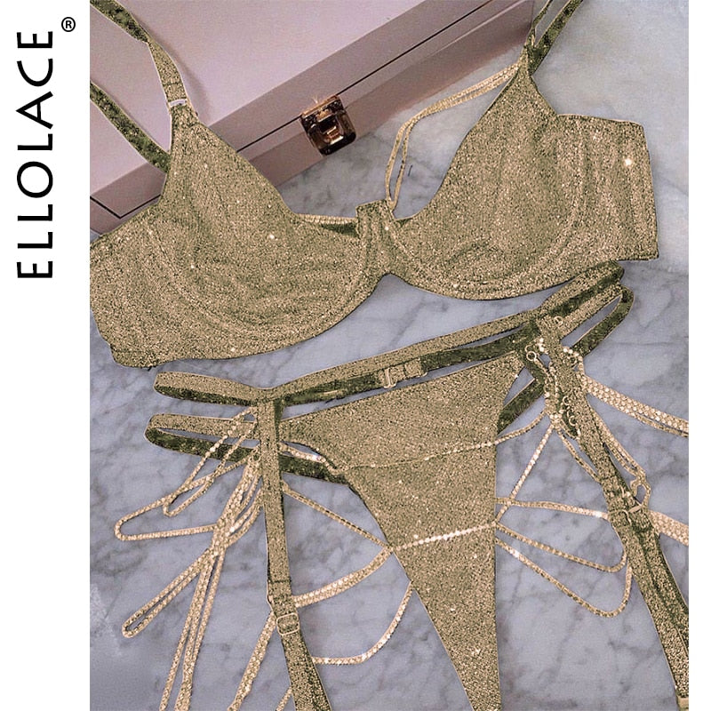 Ellolace Sparkle Chain Push Up Bra And Panty Set Women Rhinestone Lingerie Set Underwear Bralette Sexy