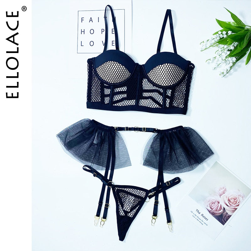 Ellolace Sexy Dessous Mesh Patchwork Fancy Unterwäsche Rüschen Strumpfbänder Zartes Luxus