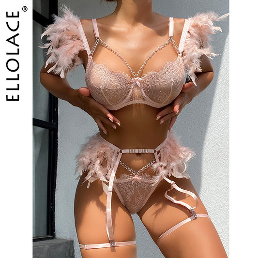 Ellolace Feather Lingerie Sexy Porn Underwear Women Body Transparent Bra Metal Chain Lace Exotic 3-Piece Set Luxury Intimate