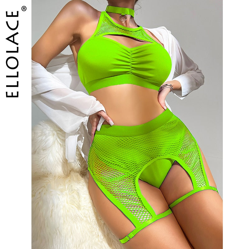 Ellolace Sexy Fischernetz Patchwork 4-Teiliger BH Panty Strumpfbänder
