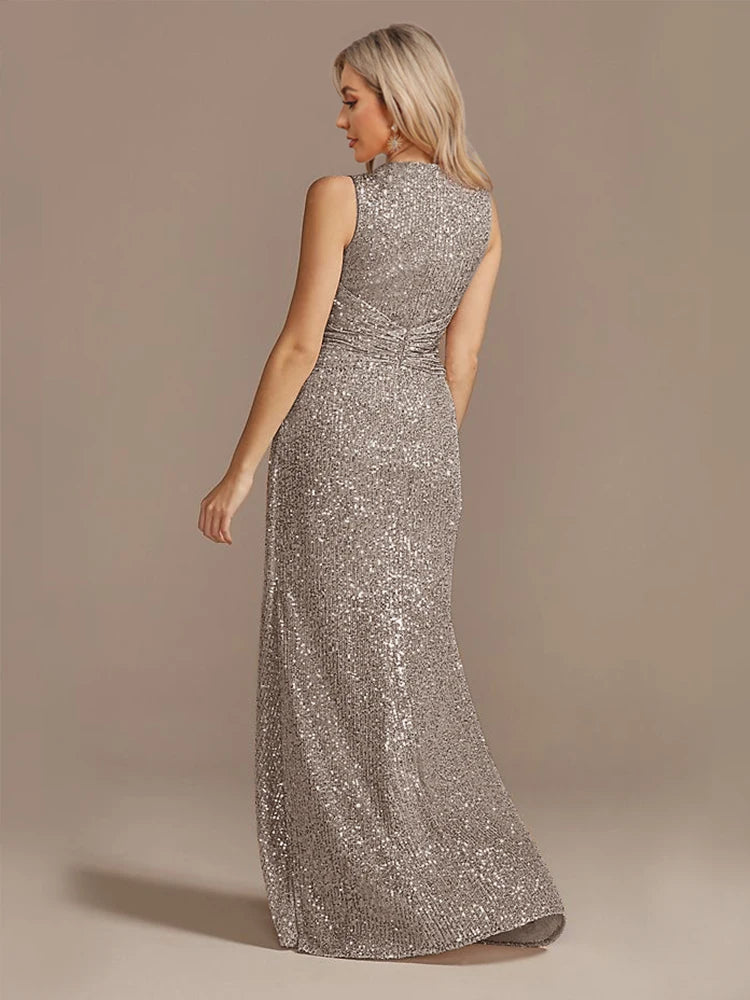 Luxury Floor Length V-Neck Evening Dress Elegant Slit Party Wedding Sequins For Formal Prom Cocktail Dress