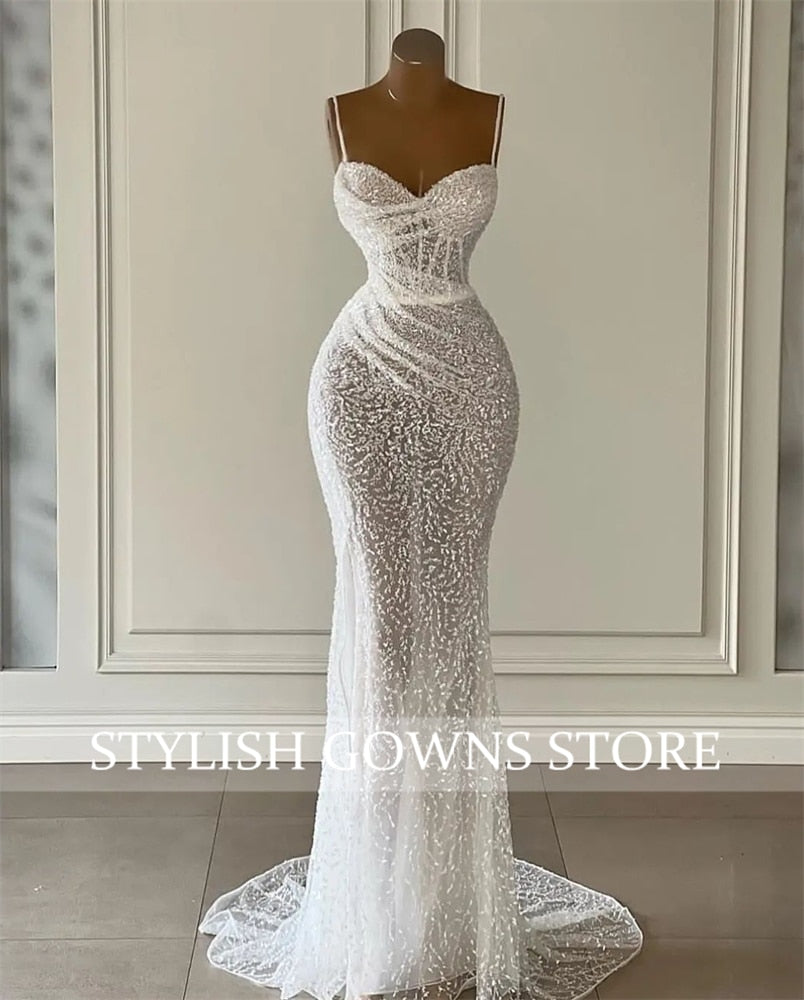 Luxury New Sweetheart Wedding Dress Sparkly Beaded Evening Dresses Pleats Bridal Gown Mermaid Formal Gowns High Slit Robe