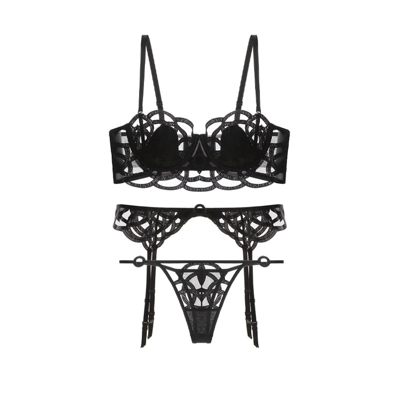 High Quality French Embroidery Underwear Sets Sexy Lingerie  Thin Deep 1/2 Cup Bralette Push Up Padded Soft Lace Bra Set