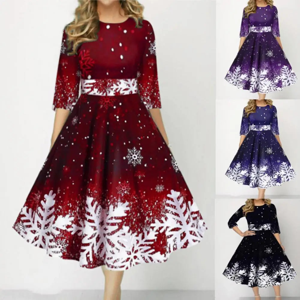 Stylish Christmas Dress  O-Neck Stretchy Gown Dress  Snowflake Print A-Line Gown Dress