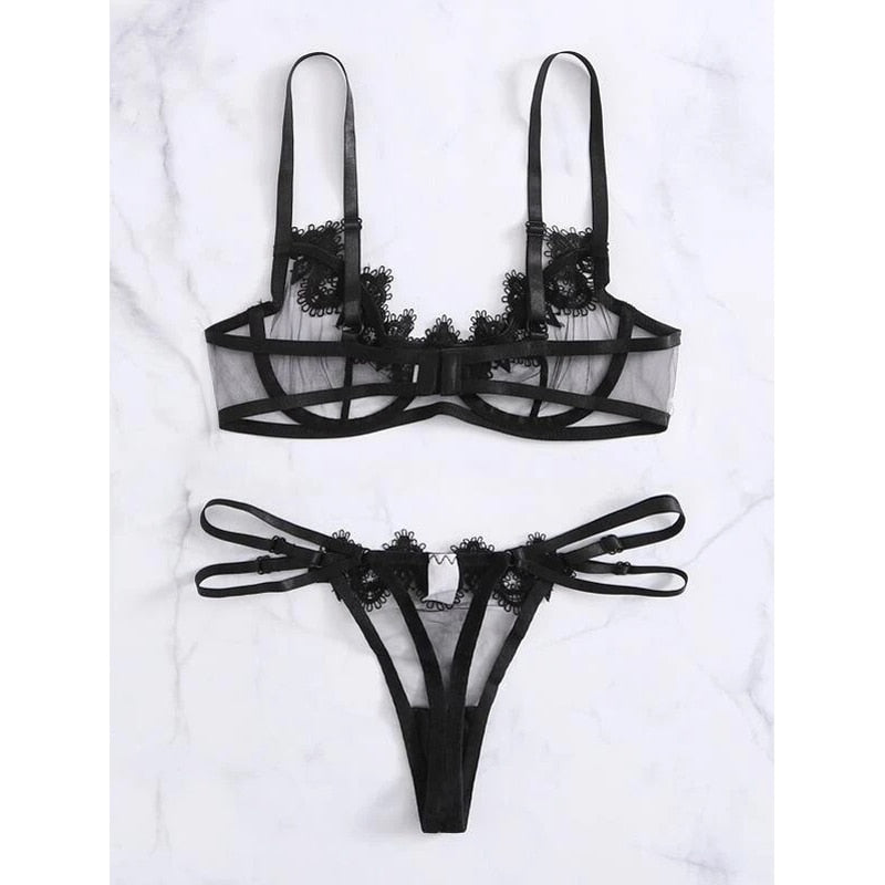 2pcs Sexy Lace Hollow Bra Set Intimates G-String & Lingerie Sets Transparent Bralette Set Erotic Underwear Set