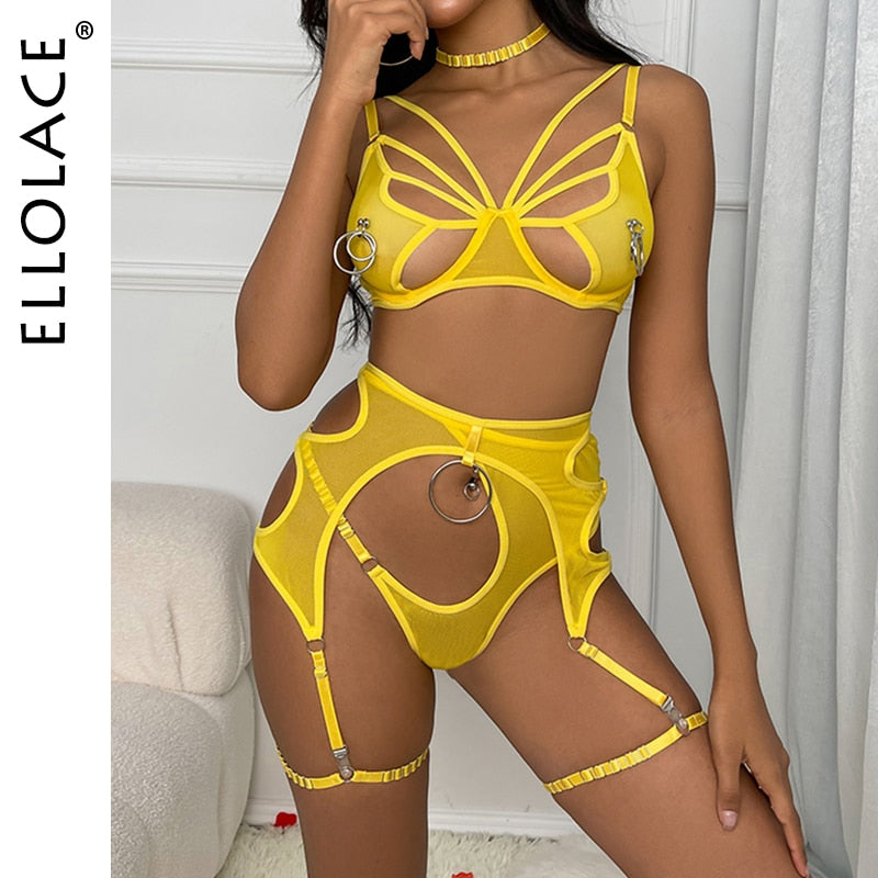 Ellolace Sexy Dessous  BH Slip-Sets  4-teilig Unterwäsche Strumpfbänder