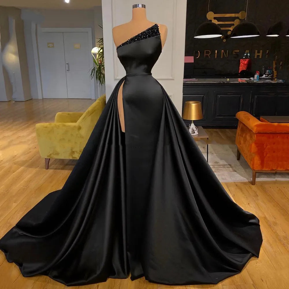 Vinca Sunny Sexy Side Split Black Evening Dresses Beaded Satin Formal Pageant Gown Long Party Prom Dress Robe de Soiree