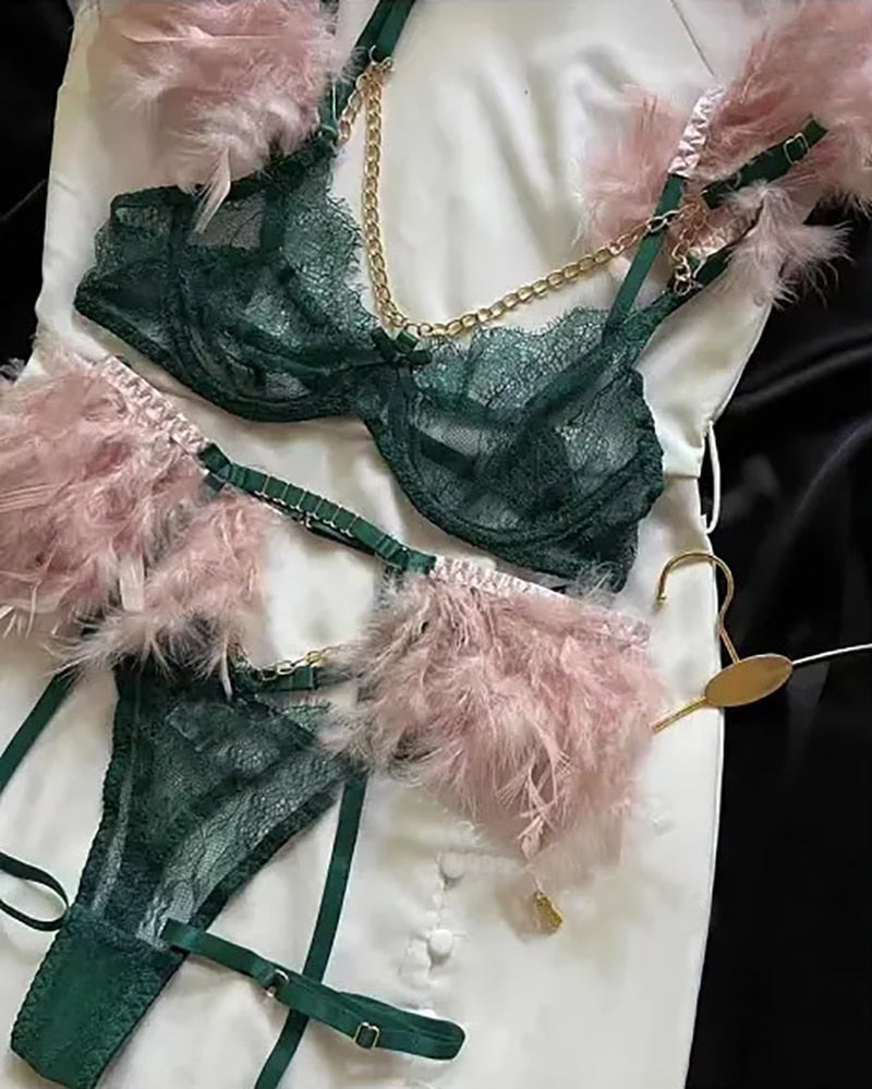 Ellolace Feather Lingerie Sexy Porn Underwear Women Body Transparent Bra Metal Chain Lace Exotic 3-Piece Set Luxury Intimate